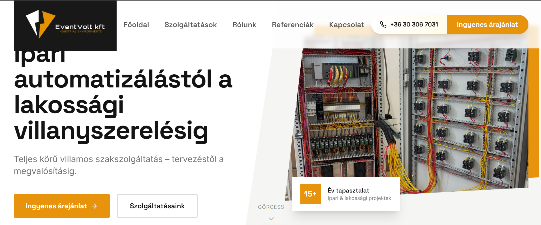 Az EventVolt weboldalának kezdőképernyője