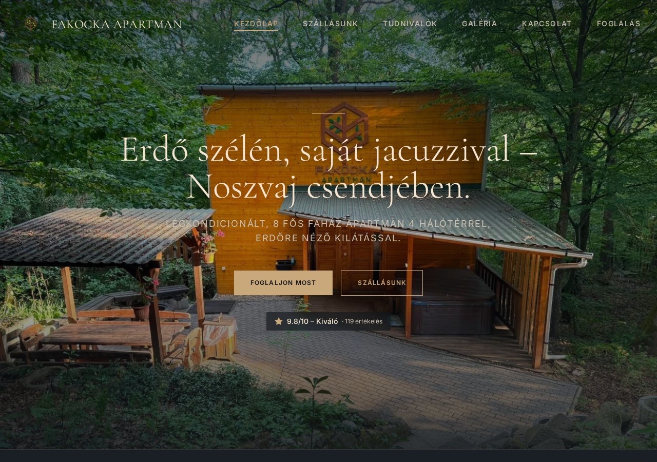 A Fakocka Apartman weboldalának kezdőképernyője