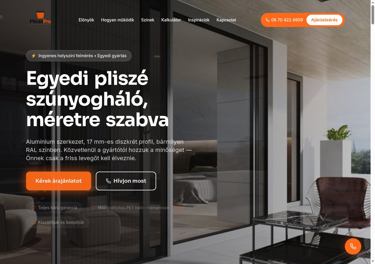 A PliszéPro weboldalának kezdőképernyője